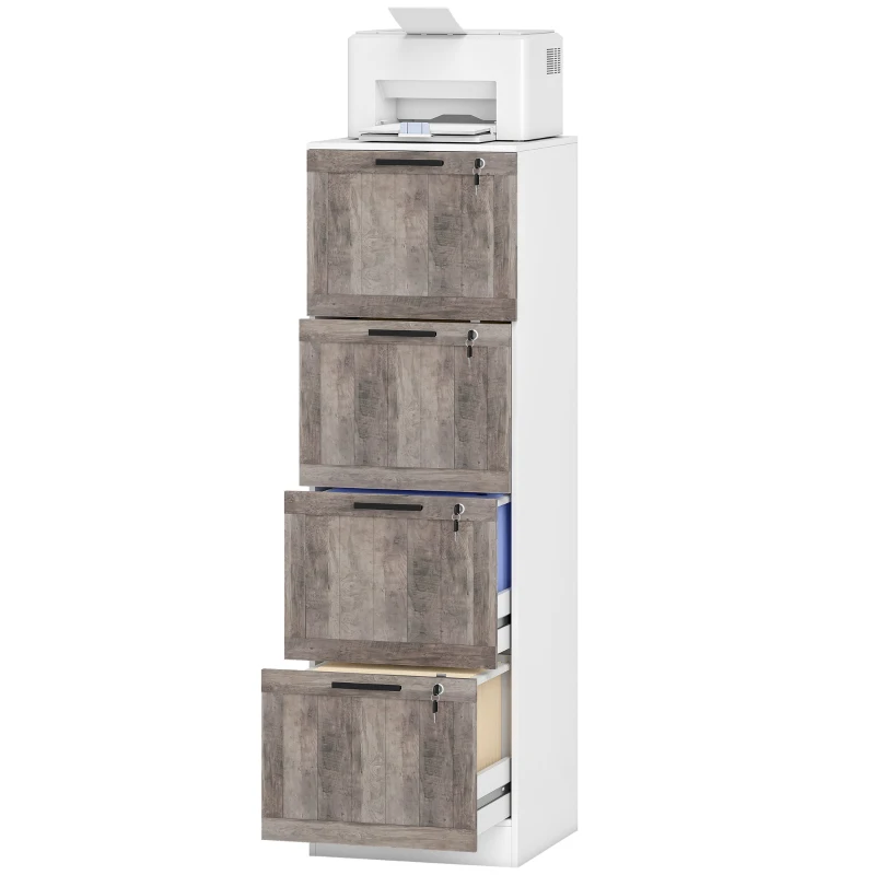 HOMCOM Cajonieră de Birou cu 4 Sertare Încuietoare 2 Chei Bare Suspendate pentru A4 Scrisoare 39,4x40x129 cm Alb și Lemn