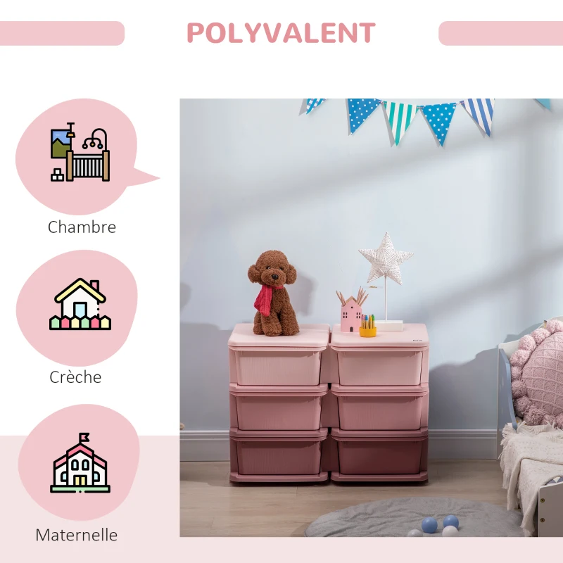 HOMCOM Organisateur de jouets pour enfants à 3 niveaux avec 6 tiroirs, boîtes de rangement en plastique, 75x37x56,5cm, rose