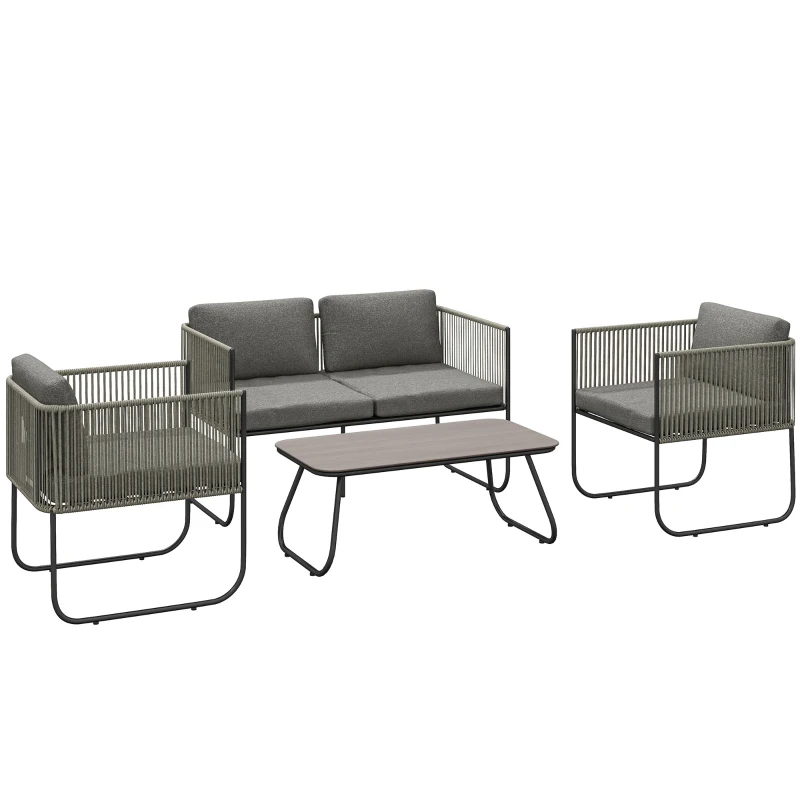 Outsunny Set mobilier de grădină din poliratan, canapea, fotoliu, masă, perne impermeabile, maro, gri închis