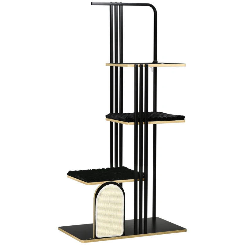 PawHut Pom de Joaca, Design Industrial, 3 Platforme, 2 Perne de Dormit, Placa de Zgariat, Structura din Otel, negru, 85 x 48 x 170 cm