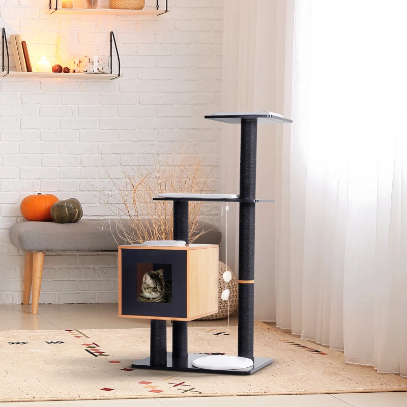 PawHut Pom de pisici design contemporan zgarieturi pe scara din sisal natural cu activitati in centru, platforme pentru joaca, bile suspendate 71,5L x 49,5l x 120H cm MDF negru stejar