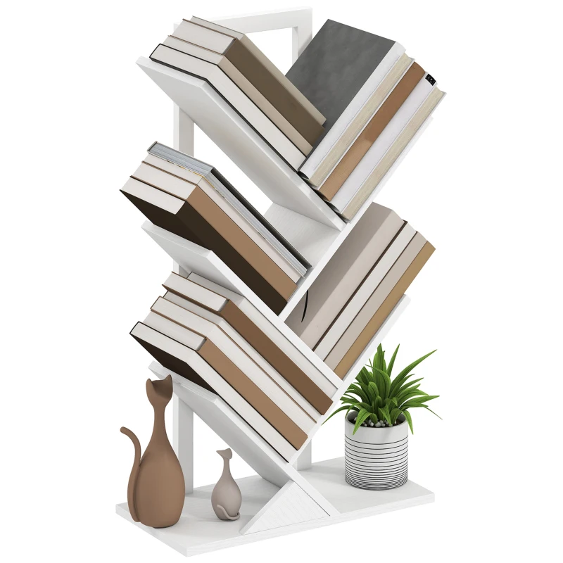 HOMCOM Bibliotecă în Formă de Copac cu 5 Rafturi și Sistem Antivărsare pentru Sufragerie Dormitor 50x24x82 cm Alb