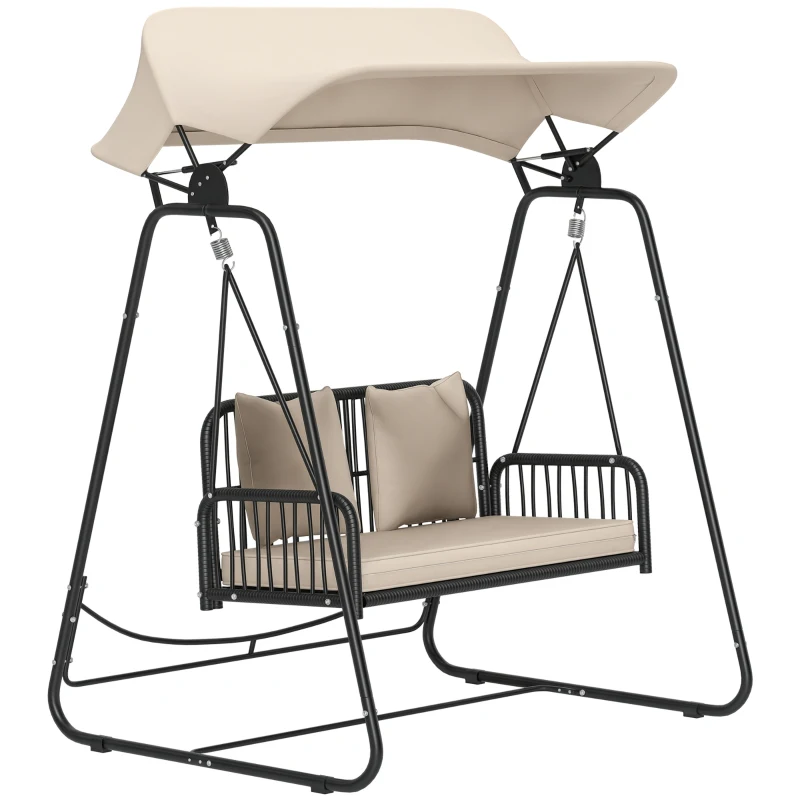 Outsunny leagăn din ratan pentru 2 persoane, cu acoperiș reglabil și perne, capacitate 240 kg, 149 x 121 x 180 cm, kaki