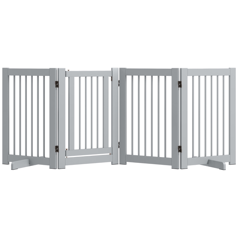 PawHut Grilă pentru câini independentă, 4 panouri, flexibilă, lemn de brad, 204L x 36A x 75Î cm, Gri deschis