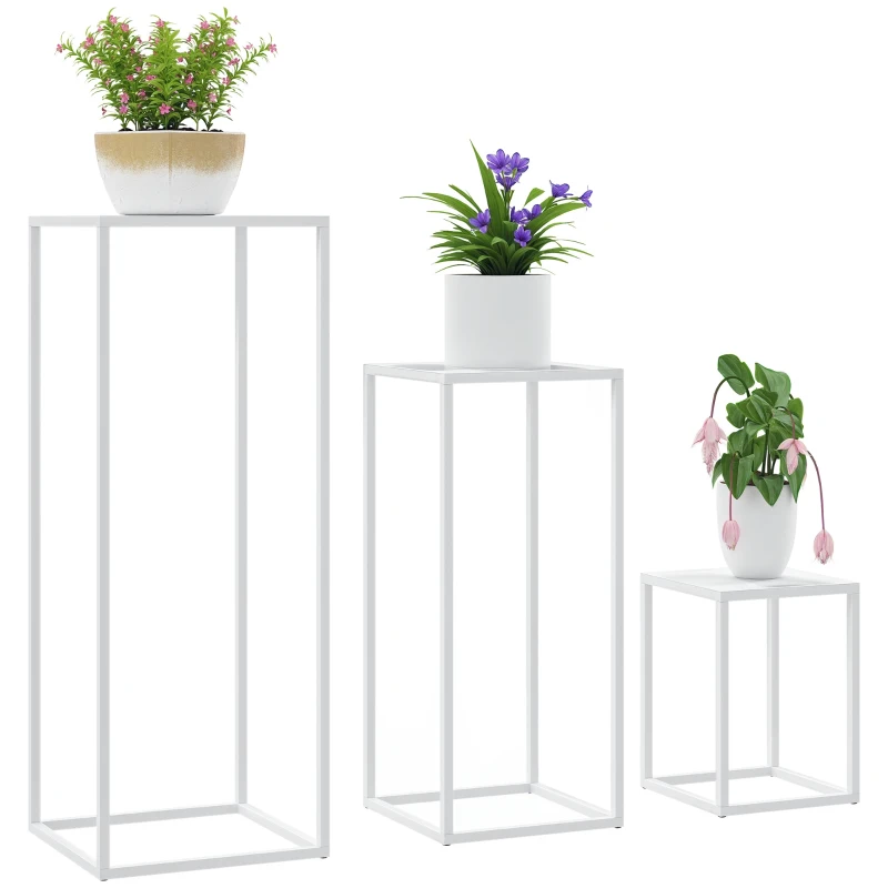 Outsunny Set 3 suporturi pătrate metalice pentru plante, empilabile, pentru interior și exterior, grădină, casă, alb