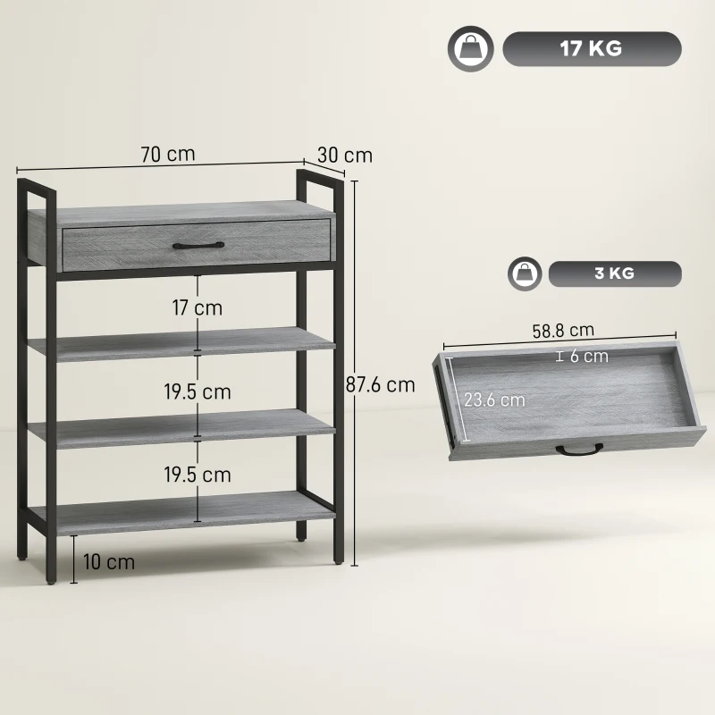 HOMCOM Raft de pantofi cu 4 niveluri, pentru până la 9 perechi de pantofi, placă tip aglomerat, metal, gri