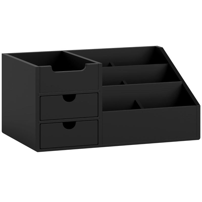 HOMCOM Cutie de Depozitare de Birou - Organizator de Birou - 7 Compartimente, 2 sertare - Bambus Lacuit Negru