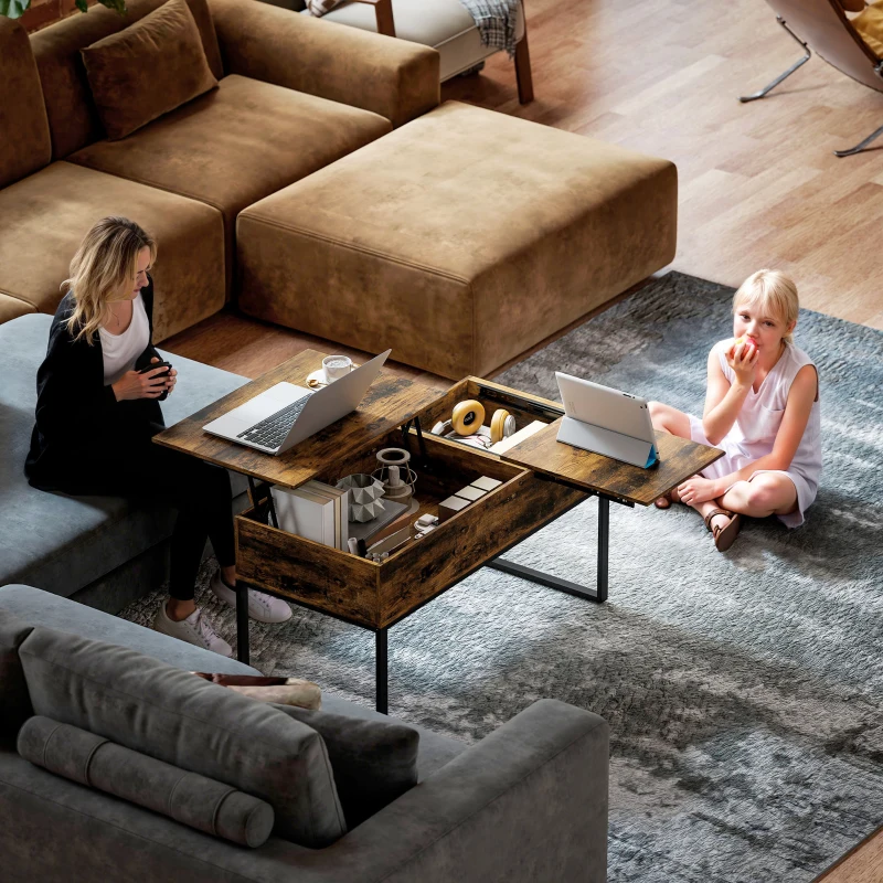 HOMCOM Masă de Cafea Extensibilă cu Encimera Desfășurabilă Închidere Moale Spațiu Ascuns de Depozitare 100x45x67 cm Marrón Rústico