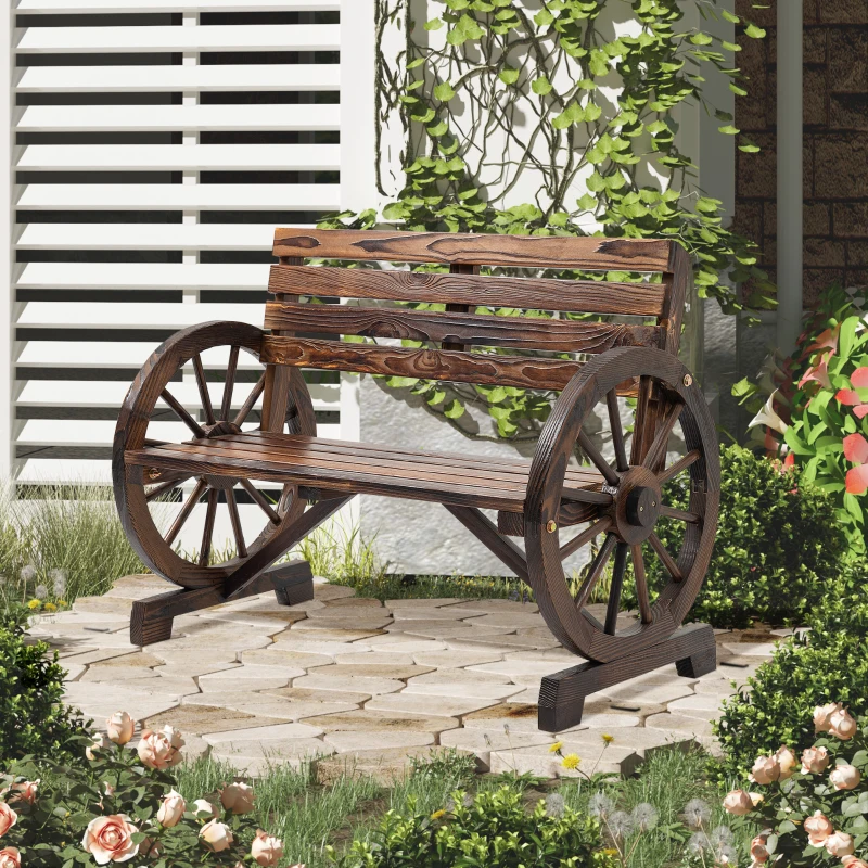 Outsunny Banc de grădină cu design de roată de căruț, pentru 2 persoane, lemn natural, maro închis, 105,5 x 56 x 79cm