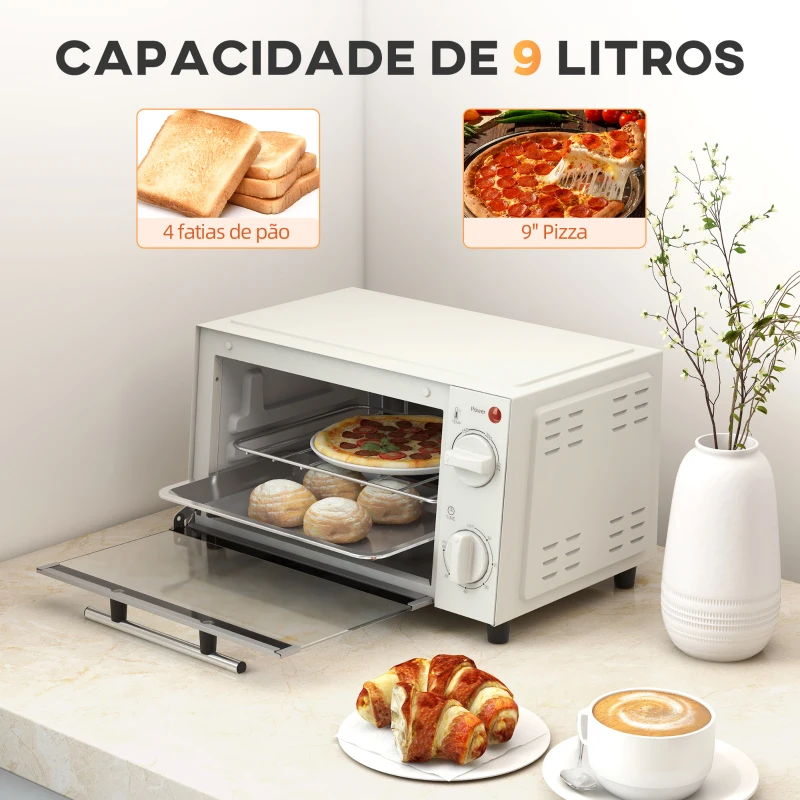 HOMCOM Mini Forno Elétrico 9L com Temperatura Ajustável até 230°C Temporizador 60 min e Bandeja para Assar 35x24,6x20 cm Creme