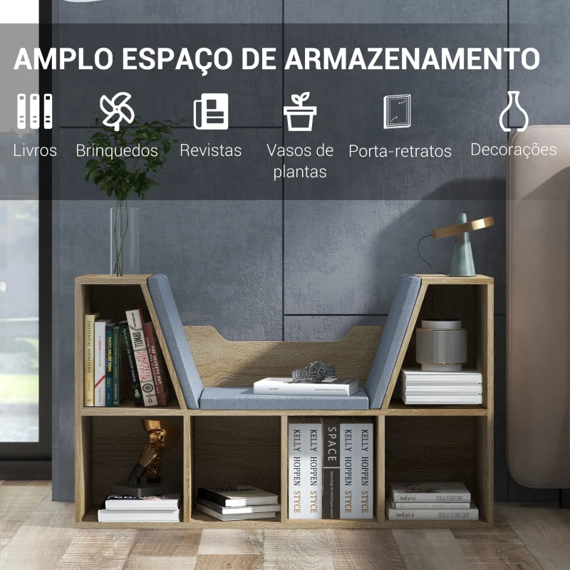 HOMCOM Estante para Livros com Banco Integrado e 6 Cubos Estante Infantil com Assento 102x30x61 cm Madeira e Cinzento