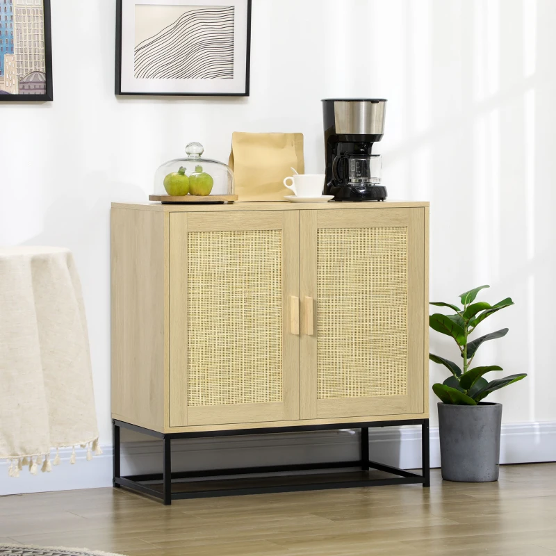 HOMCOM Bufet joasă de stil boem cu dulap 2 uși ratan țesut raft ajustabil în înălțime 80 x 40 x 80 cm natural