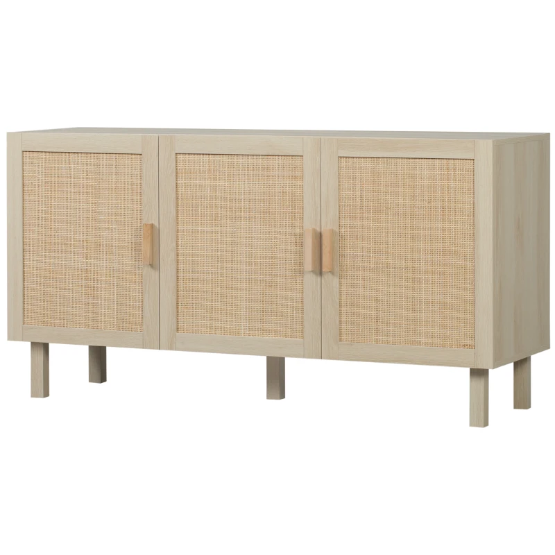 HOMCOM Bufet Dulap de Depozitare cu 3 Uși și Raft Reglabil, Efect de Ratan, Stil Boem 136 x 41 x 70 cm