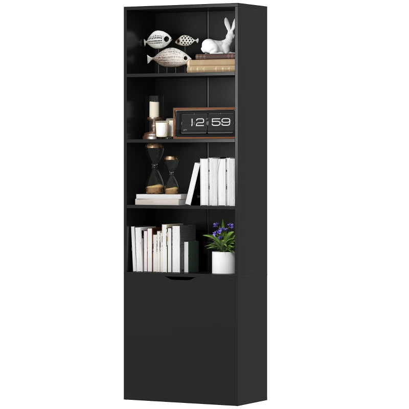 HOMCOM Bibliotecă Dulap pentru cărți cu 4 compartimente deschise și 2 uși pentru sufragerie și birou 59x29x180 cm Negru