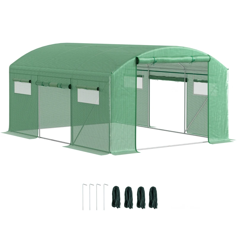 Outsunny Tunnel di Coltivazione 4x3x2 m con 6 Finestre 3 Porte Avvolgibili Copertura in PE e Struttura in Acciaio Zincato Verde