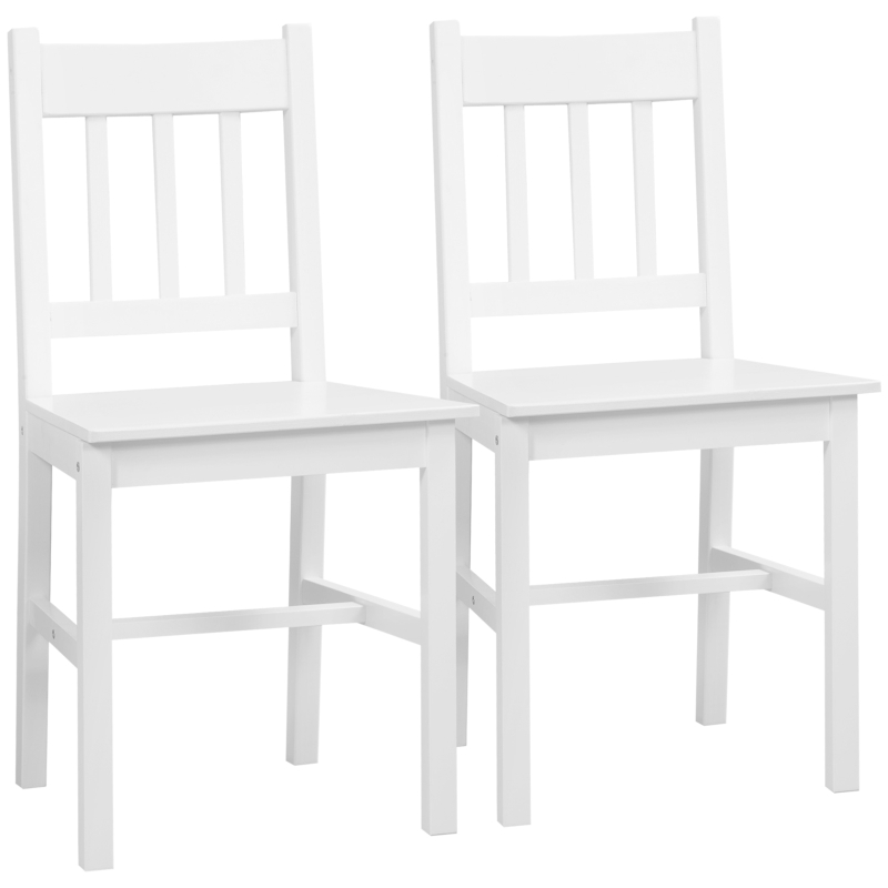 HOMCOM Set de 2 scaune de dining din lemn masiv, scaun de bucătărie, spătar lamele, stil casă de țară alb
