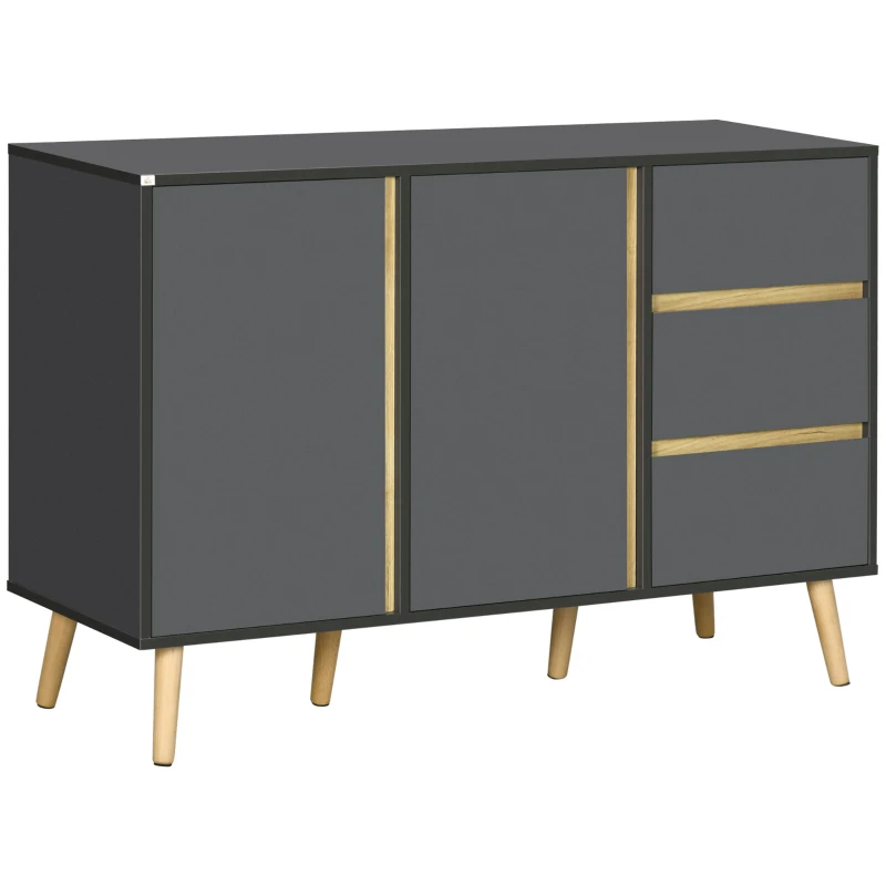 HOMCOM Bufet jos mobilier de depozitare pe picioare stil scandinav 2 usi 3 sertare 120 x 40 x 80 cm gri antracit