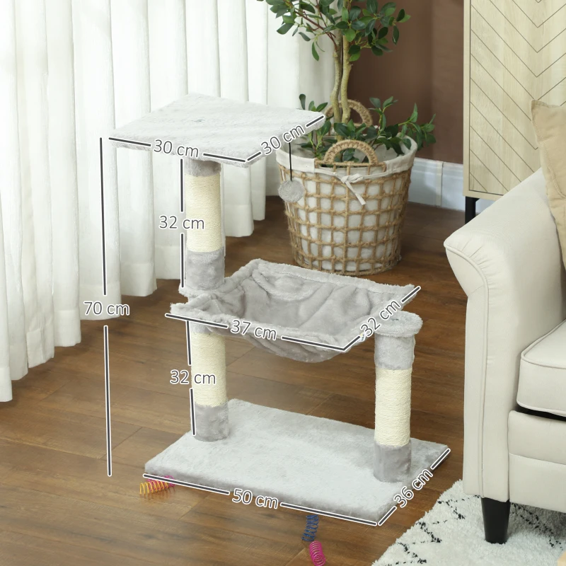 PawHut Arbore de pisici 3 dălți zgărie sisal natural platformă hamac și minge suspendată 50 x 26 x 70 cm pluș scurt gri