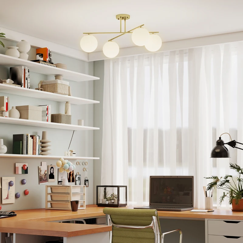 HOMCOM Plafonier candelabru modern cu 4 lumi cu soclu E14, montaj semi-aplatizat, aur si crem