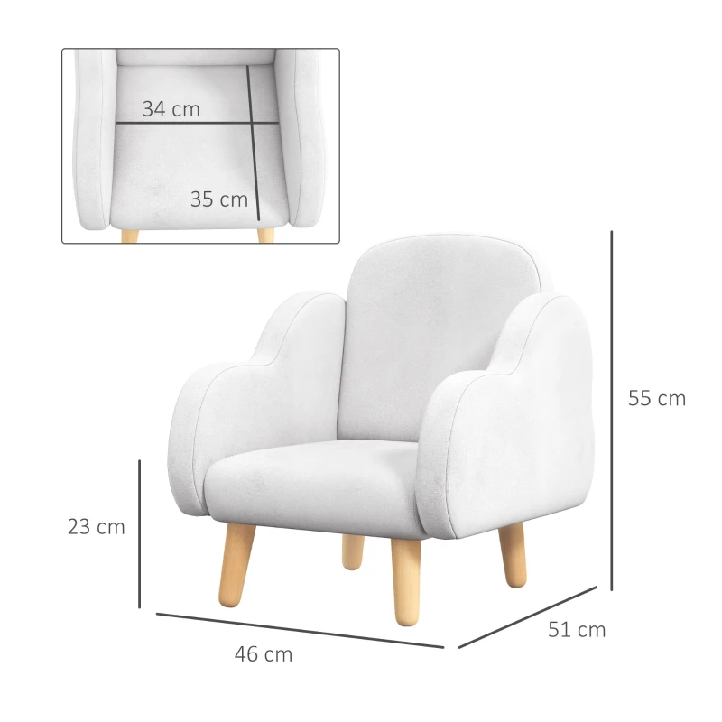 ZONEKIZ Scaun pentru copii design scandinav nori mare confort cu picioare inclinate si tesatura 46 x 51 x 55 cm alb