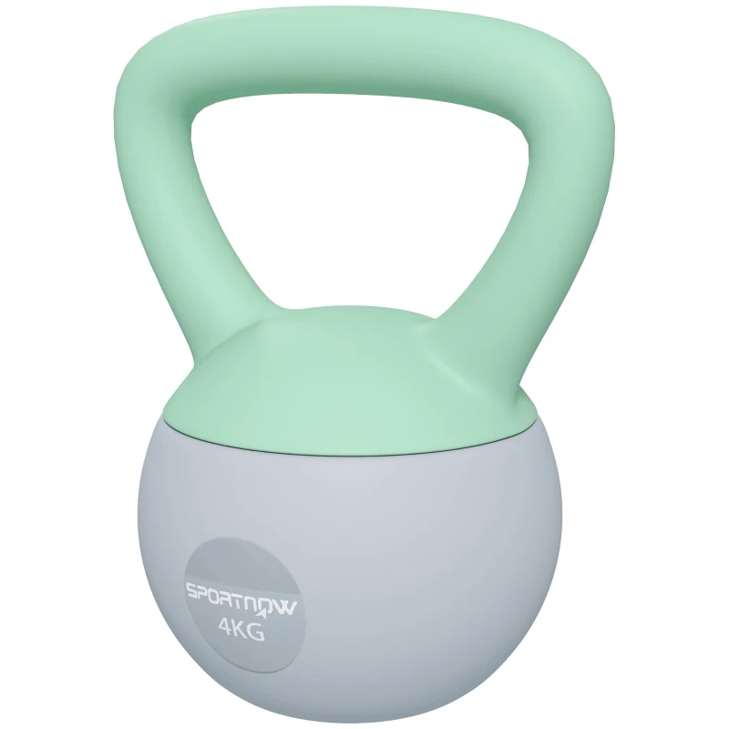 SPORTNOW Kettlebell 4 kg in Plastica con Riempimento di Sabbia Metallica e Impugnatura Antiscivolo per Allenamento a Casa 19x15x25 cm Verde e Grigio