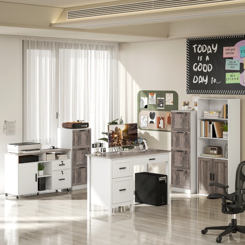 HOMCOM Cajonieră de Birou cu 4 Sertare Încuietoare 2 Chei Bare Suspendate pentru A4 Scrisoare 39,4x40x129 cm Alb și Lemn