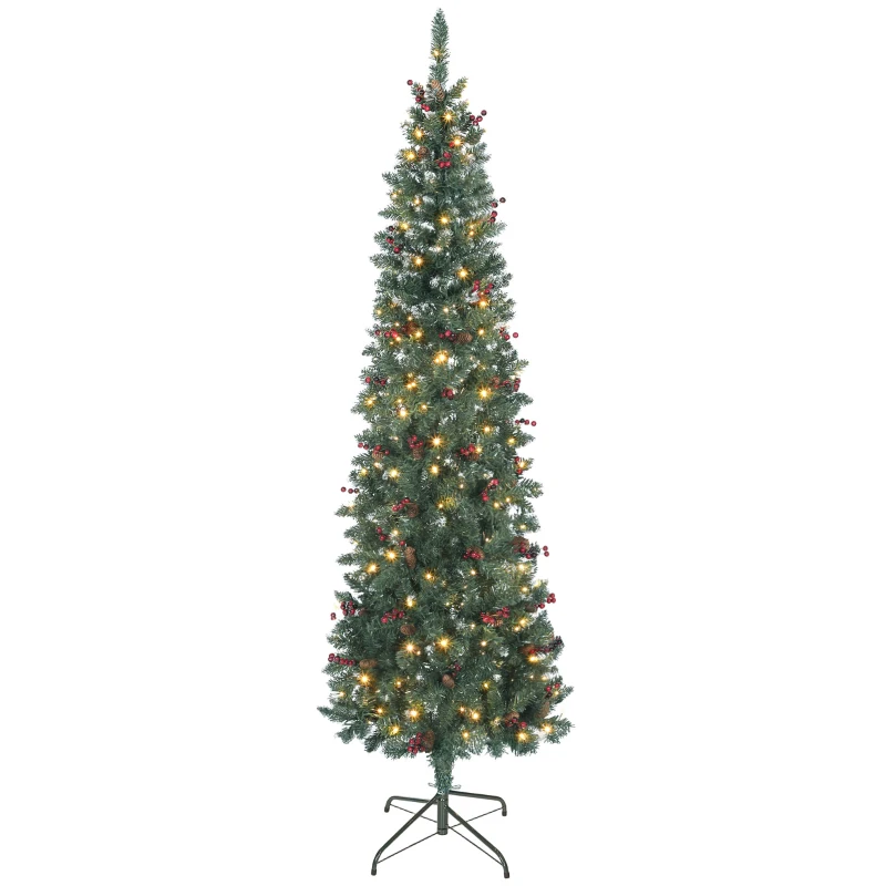HOMCOM Árvore de Natal Slim 210 cm com Luzes LED 8 Modos de Iluminação 656 Ramos com Purpurina Prateada Pinhas e Bagas Verde