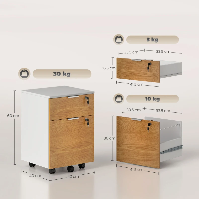 HOMCOM Cufăr de birou, mobilier de depozitare 2 sertare 2 bare pentru fișiere suspendate, cu cheie 2 chei 42x40x60 cm