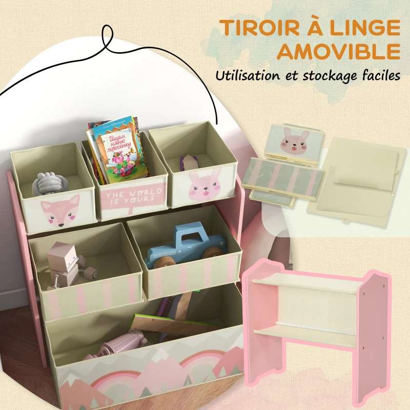 Tableau chevalet double-face rouleau papier 2 paniers + meuble à jouets de rangement à 6 boîtes, 63 x 30 x 66 cm, rose
