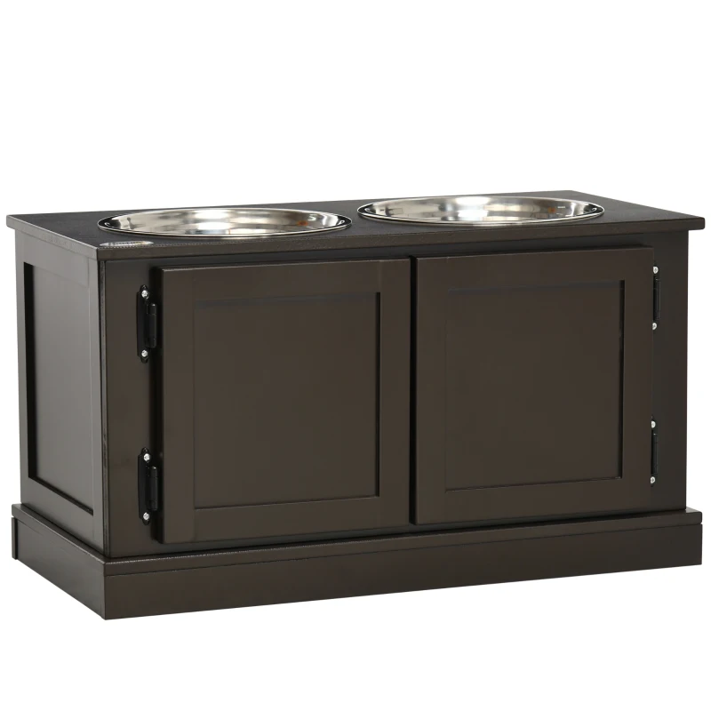 PawHut Stație de hrănire cu boluri ridicate, cu spațiu de depozitare, 60 cm x 30 cm x 34 cm, Maro + Argintiu