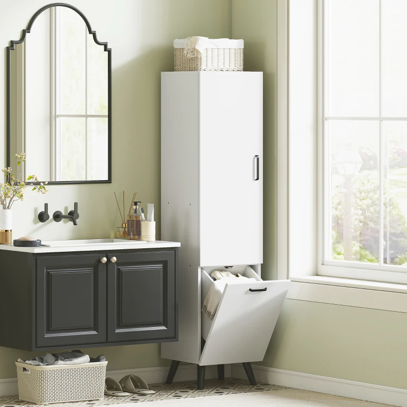 HOMCOM Coloană Înaltă pentru Baie cu Uși și Rafturi Coș pentru Rufe Murdare în Spații Reduse 35x31,5x144 cm Alb