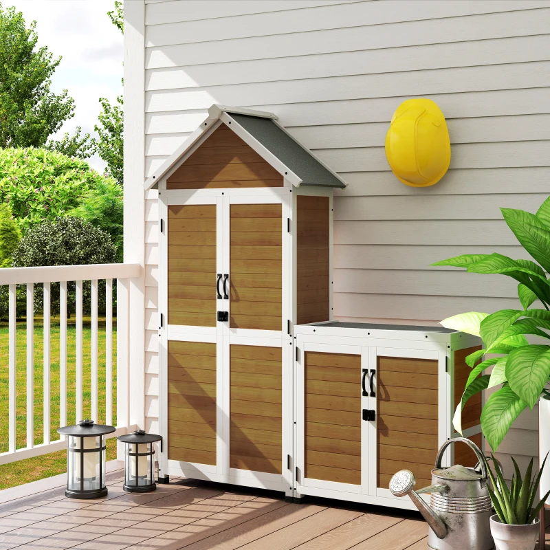 Outsunny Abri de jardin + armoire de rangement en bois cu toit incliné en asfalt, rafturi și uși blochează, natural