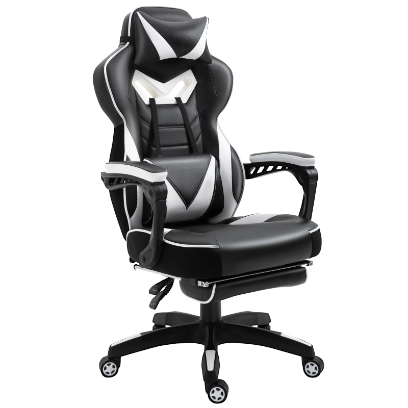 Vinsetto Scaun Gaming Ergonomic, Fotoliu de Birou confortabil cu Suport de Picioare, Perne pentru Cap și Zonă Lombară, Înălțime Reglabilă, negru și alb
