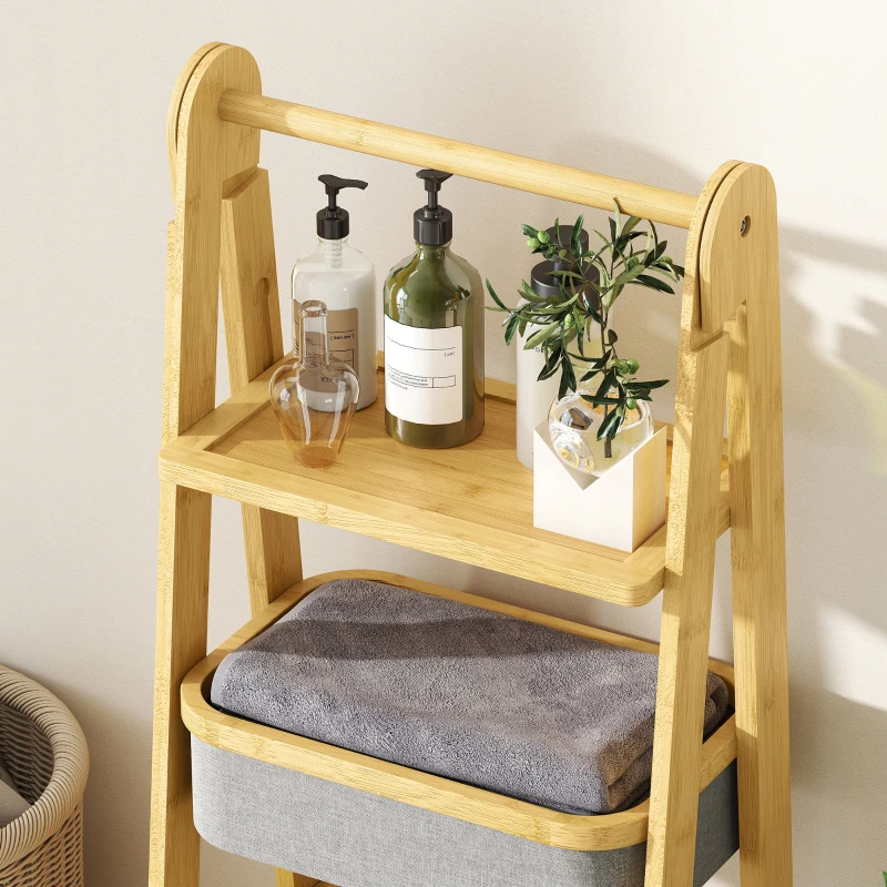 HOMCOM Estante Dobrável para Casa de Banho de Bambu com 2 Cestos para Roupa Suja Estante Aberto 44,5x32x99 cm Cinzento