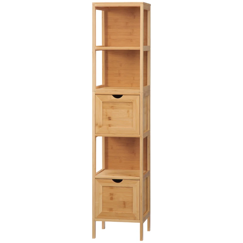 kleankin Dulap de depozitare coloană pentru baie din bambus 2 sertare detașabile și 3 rafturi 30 x 30 x 140 cm natural