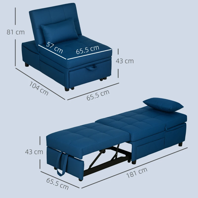 HOMCOM Fauteuil convertibil 1 loc fauteuil pat cu spătar reglabil, scaun căptușit și pernă, albastru