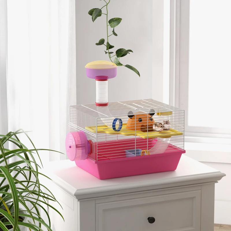 PawHut Cușcă pentru hamster șoarece rozătoare multicoloră cu platformă, biberon apă, roată, casă, 34 x 27 x 25 cm, roz