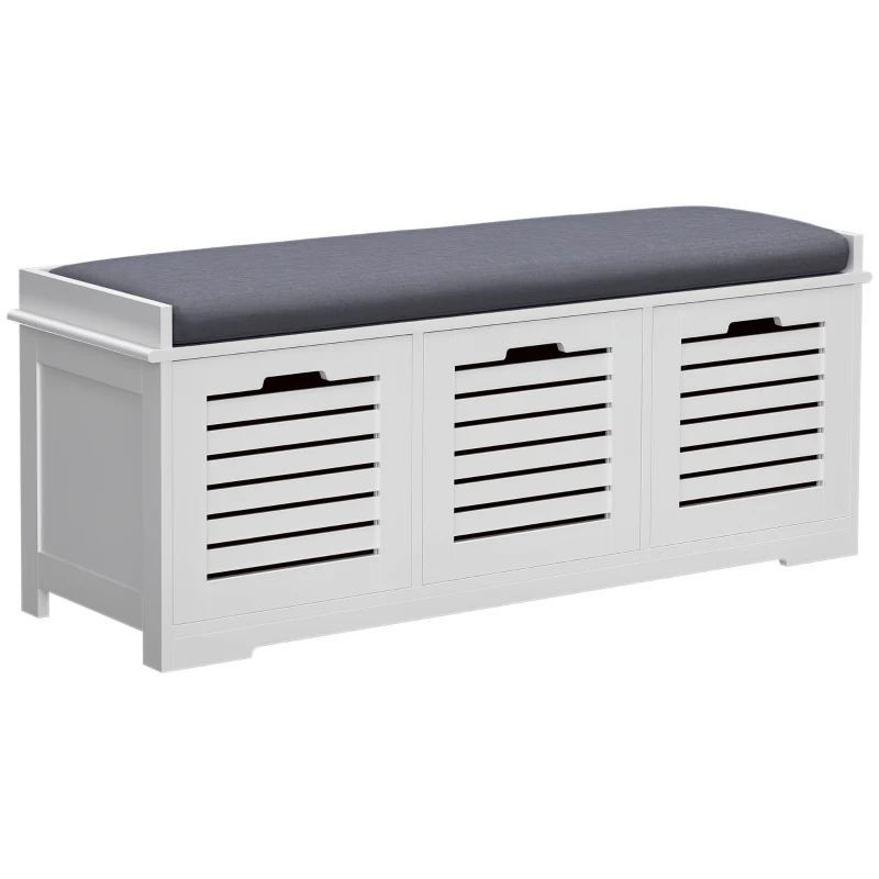 HOMCOM Banc pentru pantofi dulap pentru pantofi cu 3 sertare și pernă detașabilă, dim. 108l x 35A x 43Î cm, alb