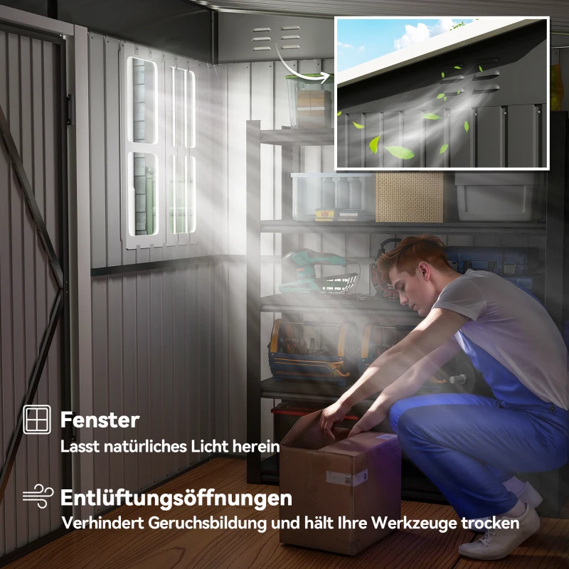 Outsunny Metallschuppen zur Aufbewahrung von Gartengeräten, mit Fenster, breite Tür, 260 x 177 x 190 cm, Dunkelgrau(m-5)