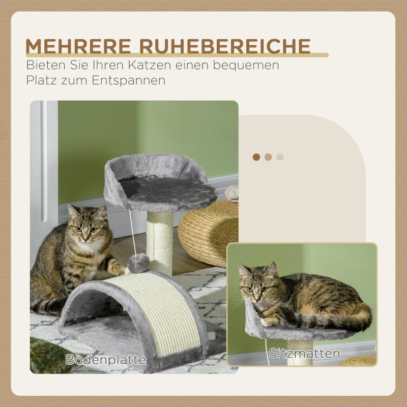 PawHut Kratzbaum 46 cm Kleiner Katzenturm mit Höhle, Spielball, Sisal-Seil, erhöhter Plattform, Katzenkratzbaum, Kletterbaum, für Katzen bis zu 4 kg, Grau