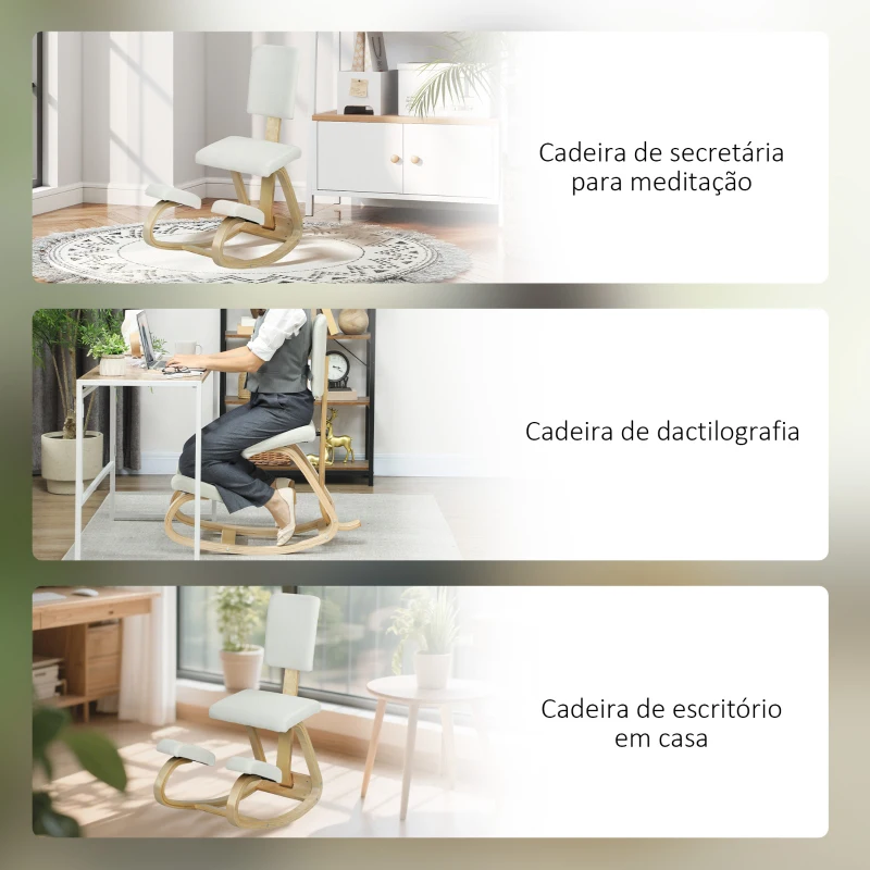 HOMCOM Cadeira Ergonómica de Joelhos com Encosto Almofadas Acolchoadas Estrutura de Madeira para Melhor Postura 51x84x93 cm Creme