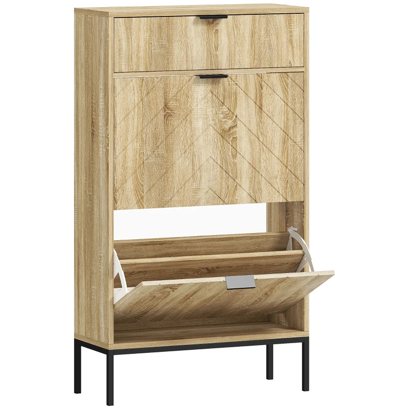 HOMCOM Mobilier de pantofi 8 perechi cu sertar glisant, 2 sertare rabatabile, rafturi reglabile, 60x24x105,5cm, stejar