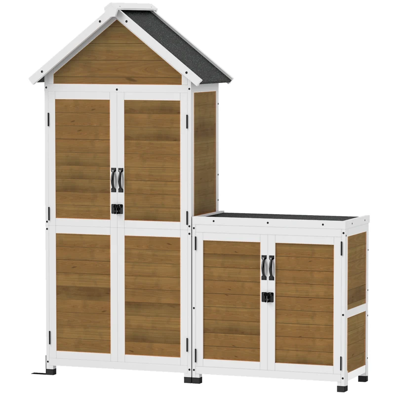 Outsunny Abri de jardin + armoire de rangement en bois cu toit incliné en asfalt, rafturi și uși blochează, natural