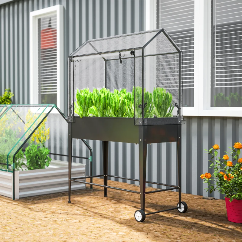 Outsunny Strat Înălțat pentru Grădină pe Picioare, cu Husă din PVC, Roți și Orificiu de Drenaj, 100 x 45 x 152 cm, Negru