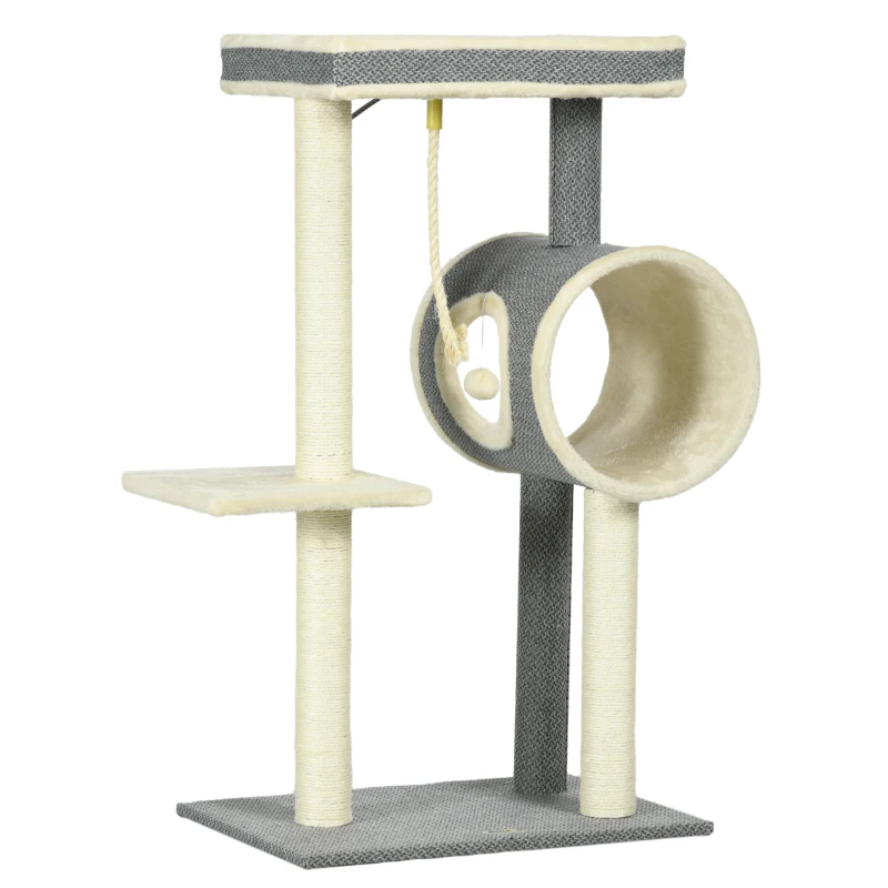 PawHut Copac zgâriat Katzenbaum, 1 cuib pentru pisici, 2 zone de odihnă, 60 cm x 40 cm x 104 cm, Gri + Natural