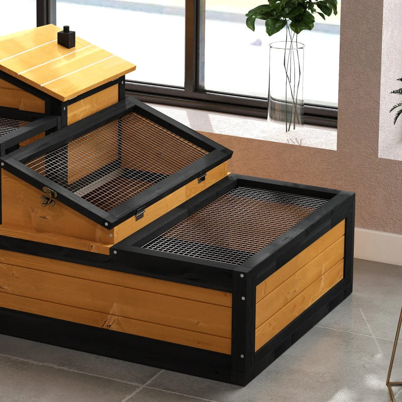 PawHut Casa pentru broaște țestoase, 2 etaje, pentru interior și exterior, tavă extensibilă, lemn de brad, Galben