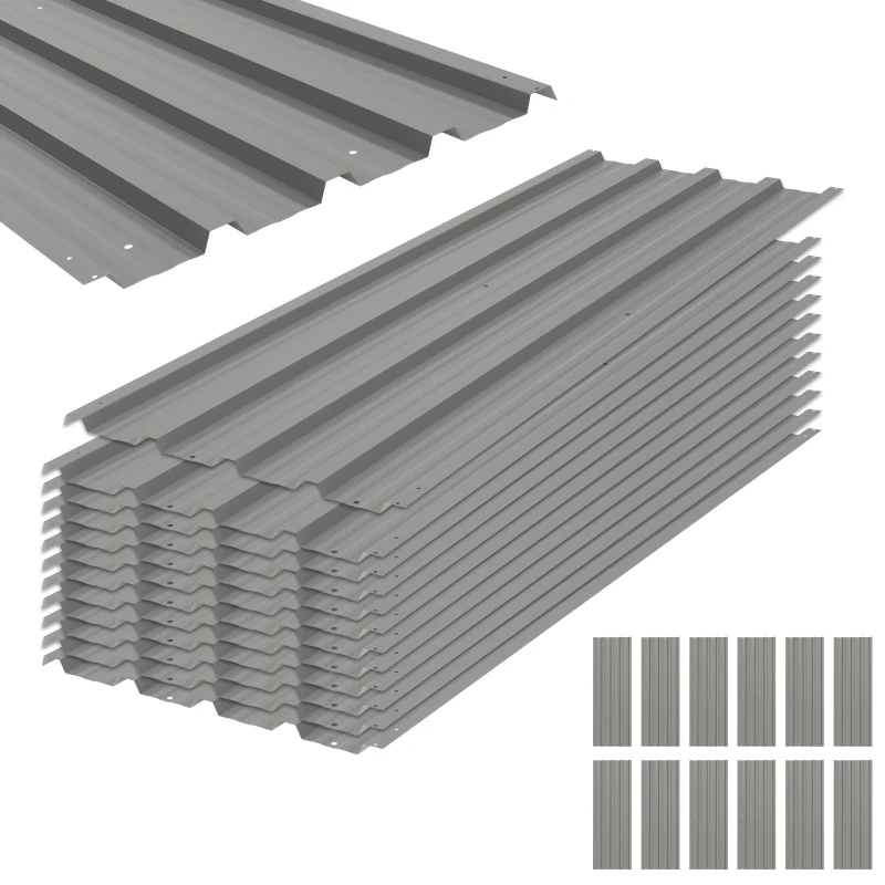 Outsunny Lot de 12 panouri din oțel galvanizat Rezistente la Intemperii, gri deschis, dim. unui panou 129L x 45l cm