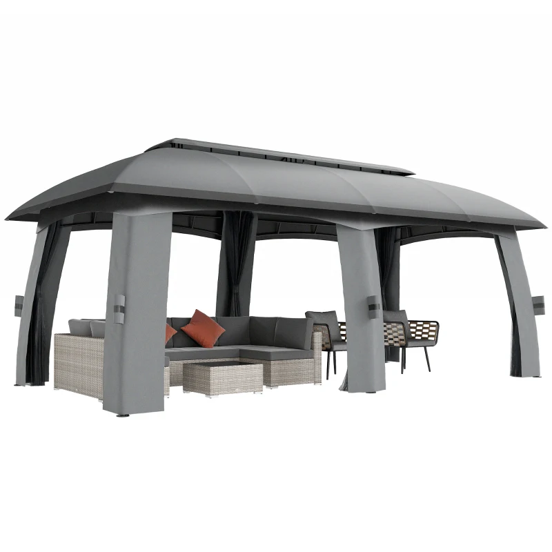 Outsunny Pavilion, Cort de petreceri, cu plase anti-insecte, plafon rezistent la vânt, pentru până la 15 persoane, gri închis, 3 x 6 x 3 m
