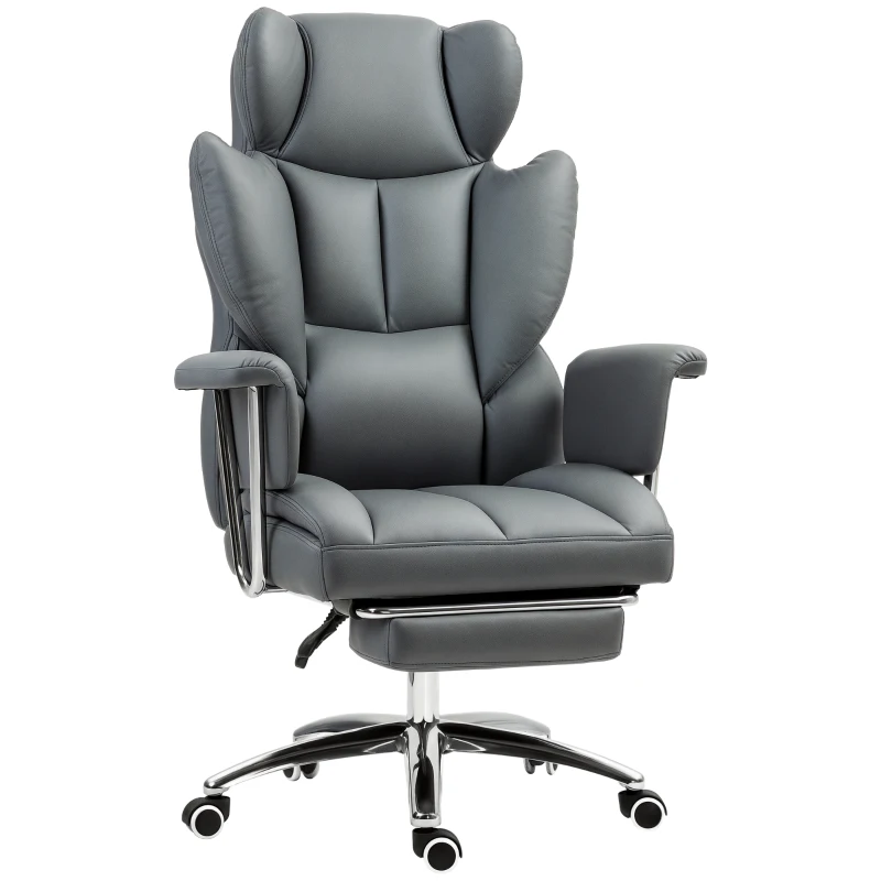 HOMCOM Scaun de birou ergonomic, tapițat, cu suport pentru picioare, spătar reglabil, rotativ la 360°, Gri închis