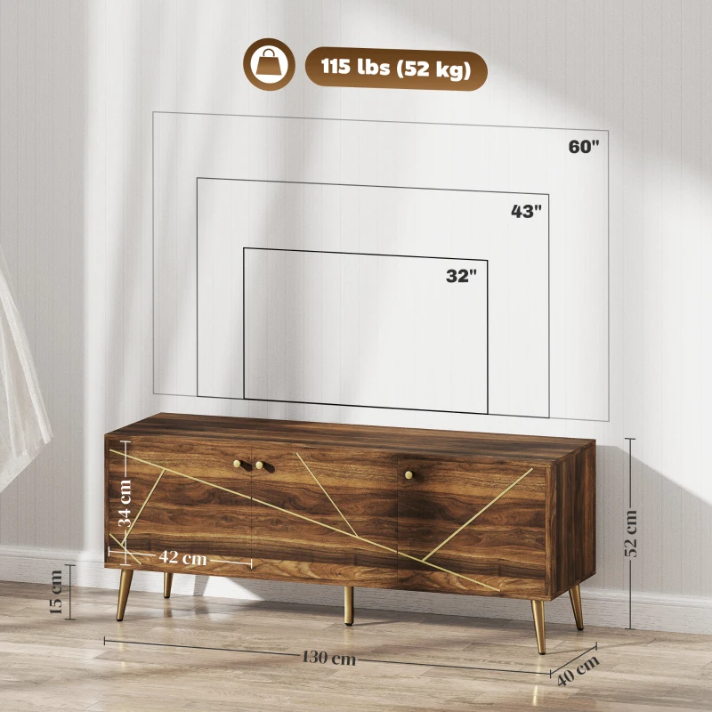 HOMCOM Măsuță TV mobilier TV din lemn pentru televizor de până la 60 de inch cu dulapuri rafturi picioare din oțel 130 x 40 x 52 cm maro